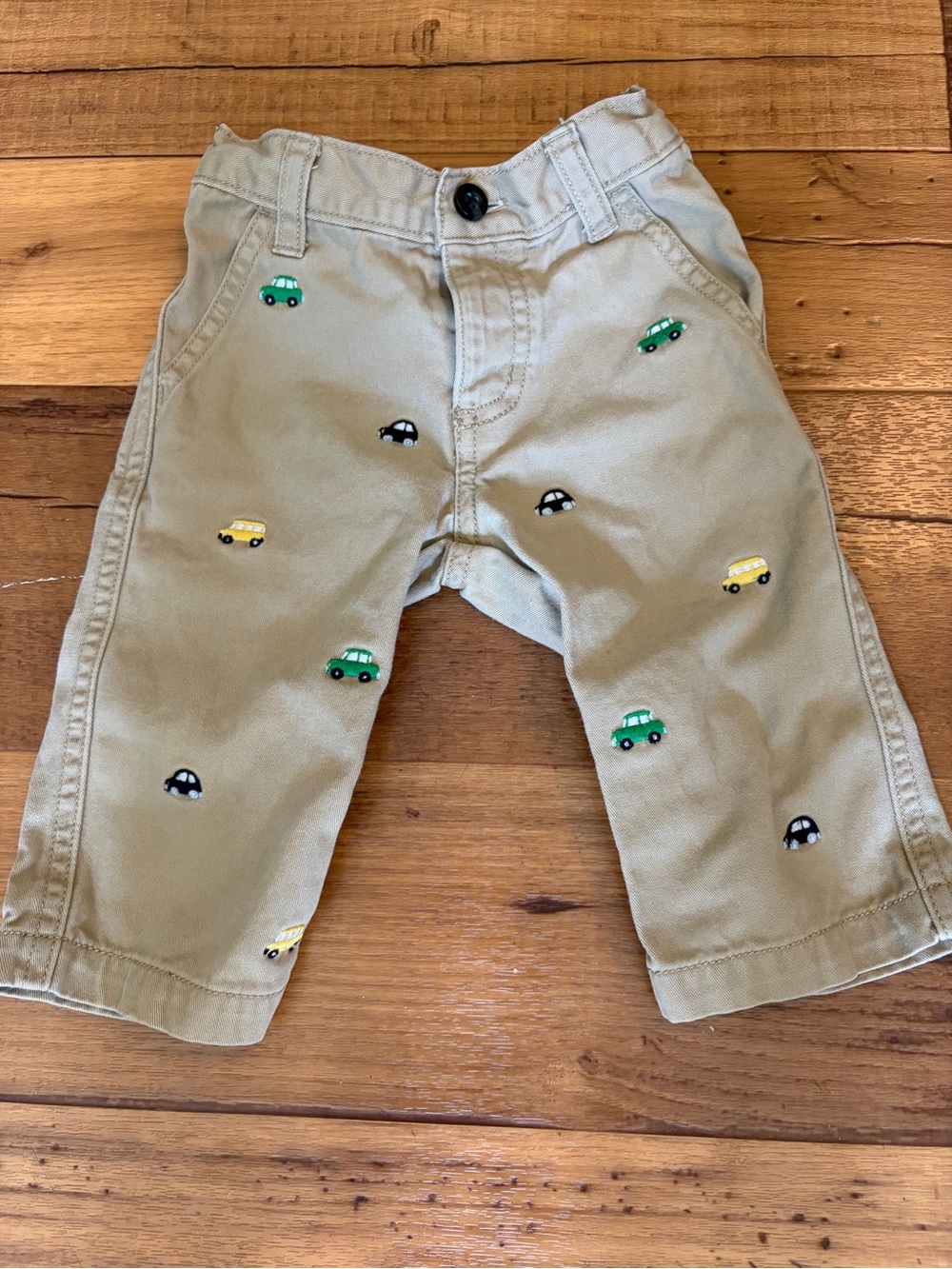 Gymboree Khaki Pants with Green, Yellow & Black Car Embroidery 6-12 Months